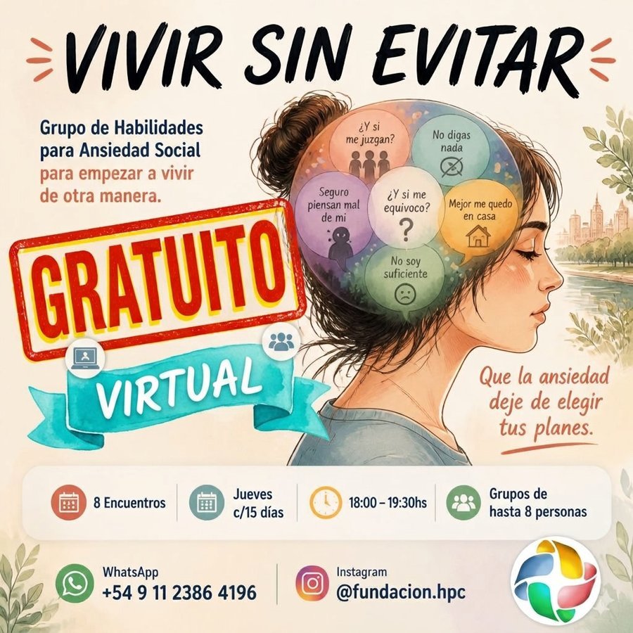 Flyer del taller gratuito Vivir sin evitar, grupo de habilidades para ansiedad social